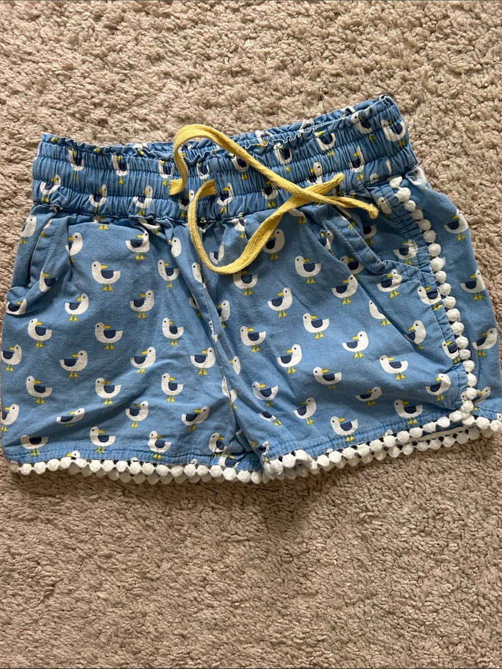 Girls Blue Seagull Print Shorts with Yellow Drawcord